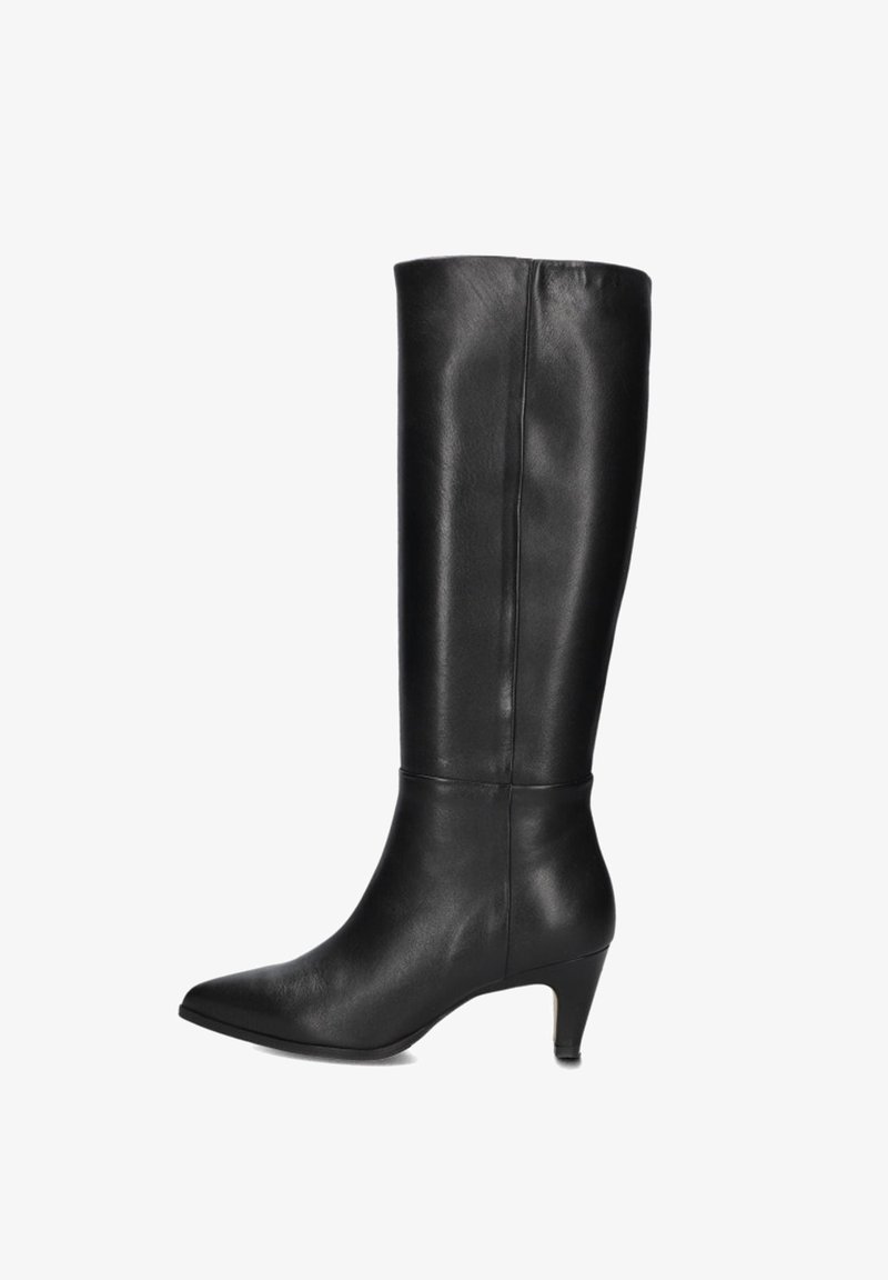 Black leather knee-high boot with a pointed toe and a moderate heel. Smooth texture and minimalistic design, featuring clean lines.