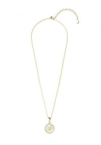 Gouden ketting met een ronde hanger voorzien van een schorpioenontwerp, omringd door heldere rhinestones. Verstelbare sluiting met verlengkettinkje.