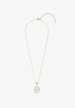 Collana in oro con un pendente rotondo raffigurante un design di scorpione circondato da strass trasparenti. Chiusura regolabile con catena di estensione.