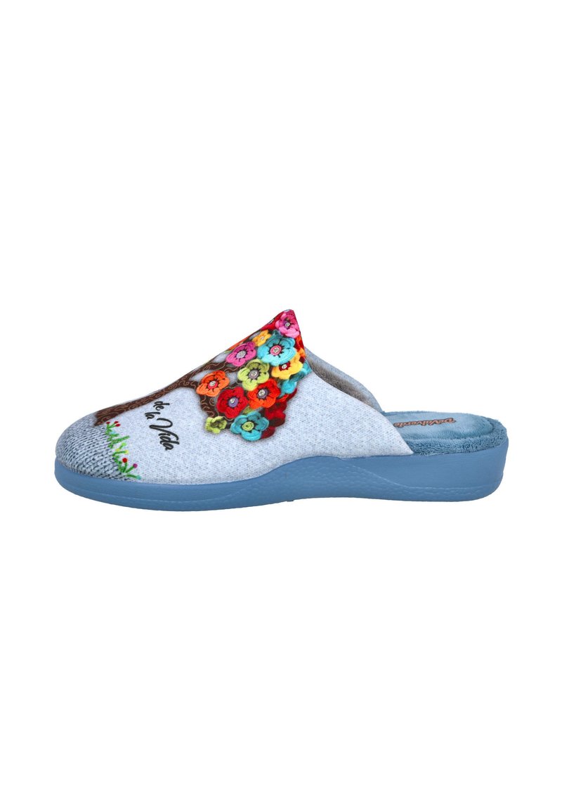 Zapatilla estilo mule en gris con un diseño de flores coloridas en la parte superior y una suela acolchada en azul claro. Presenta detalles bordados y es de tipo slip-on.