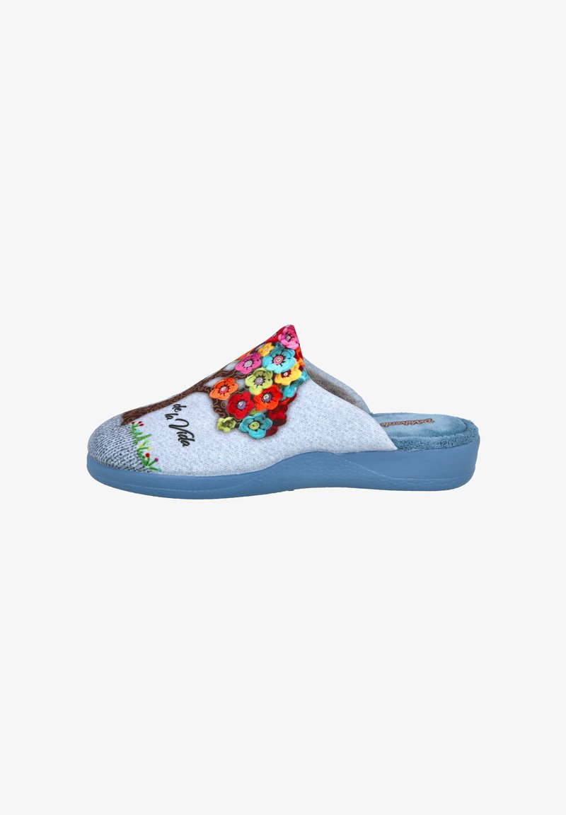 Zapatilla estilo mule en gris con un diseño de flores coloridas en la parte superior y una suela acolchada en azul claro. Presenta detalles bordados y es de tipo slip-on.