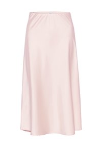 Ljusrosa satin kjol med elastisk midja, A-linjeformad och med en mjuk textur, med knä-lång fåll och en subtil lyster.