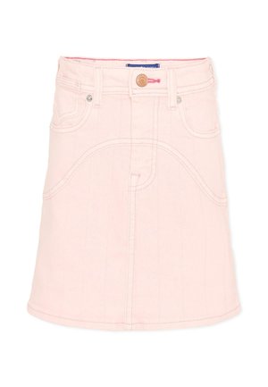 Gonna in denim rosa chiaro con bottone frontale, passanti per cintura e due tasche, con dettagli di cuciture curve.