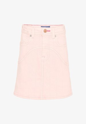 Gonna in denim rosa chiaro con bottone frontale, passanti per cintura e due tasche, con dettagli di cuciture curve.