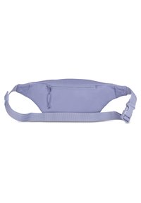Marsupio lilla realizzato in tessuto morbido, dotato di una tasca anteriore con zip, una tracolla regolabile e una forma tenue e curvilinea.