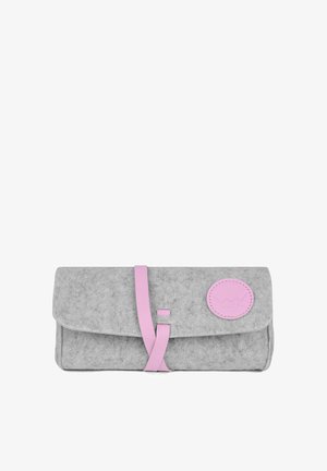 Gray felt wallet with a pink leather strap and logo patch, featuring a fold-over design and smooth texture.