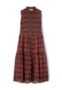 Sleeveless dress in dark maroon with a geometric pattern in light orange. Features a collared neckline and tiered skirt design.