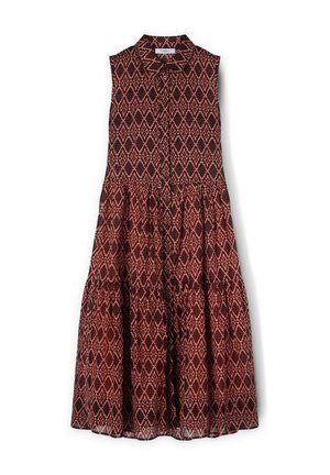 Sleeveless dress in dark maroon with a geometric pattern in light orange. Features a collared neckline and tiered skirt design.