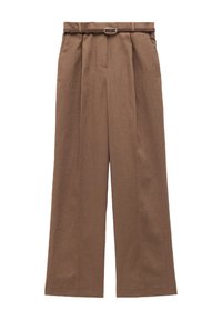 Bruine, wijde linnen broek met een gestructureerde afwerking, voorzien van plooi aan de voorkant en een bijpassende riem met een metalen gesp.