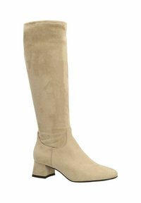 Beige suède laarzen tot de knie met een puntige neus en blokhak. Gladde textuur, naadloos ontwerp en minimalistische stikseldetails.