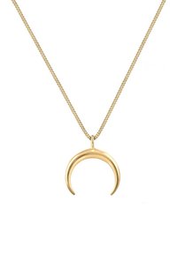 Collier doré mettant en valeur un pendentif en forme de lune croissante. Le pendentif est lisse et légèrement incurvé, fixé à une chaîne texturée.