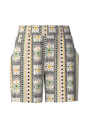 Button-fly shorts in a lightweight fabric featuring a multi-colored geometric and floral pattern with pockets on the sides.
