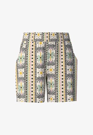 Korte broek met knoopsluiting in een lichte stof, voorzien van een meerkleurig geometrisch en bloemmotief, met zakken aan de zijkanten.