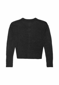 Schwarzer, kurz geschnittener Pullover aus weichem Strickmaterial. Mit langen Ärmeln, rundem Ausschnitt und geripptem Saum sowie Bündchen.