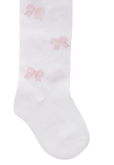 Collant bianchi di cotone con motivi a fiocco rosa pastello. Texture liscia e design con piede, adatti a vari outfit.