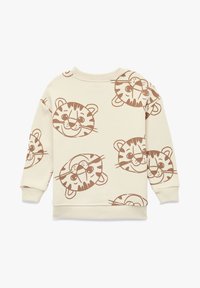 Cremefarvet sweatshirt med et brunt tigeransigt mønster. Den har rund halsudskæring, lange ærmer og ribbede manchetter.