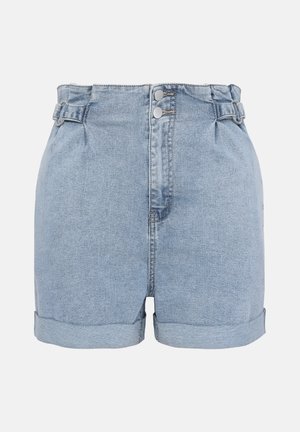 Light blue denim shorts with a high waist, dual button closure, and rolled hems. Features belt loops and slight pleating at the waist.