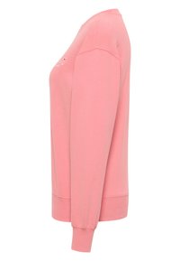 Felpa rosa, misto cotone, collo a giro, maniche lunghe con polsini a coste, cuciture ribattute, dettaglio logo frontale. Texture liscia.