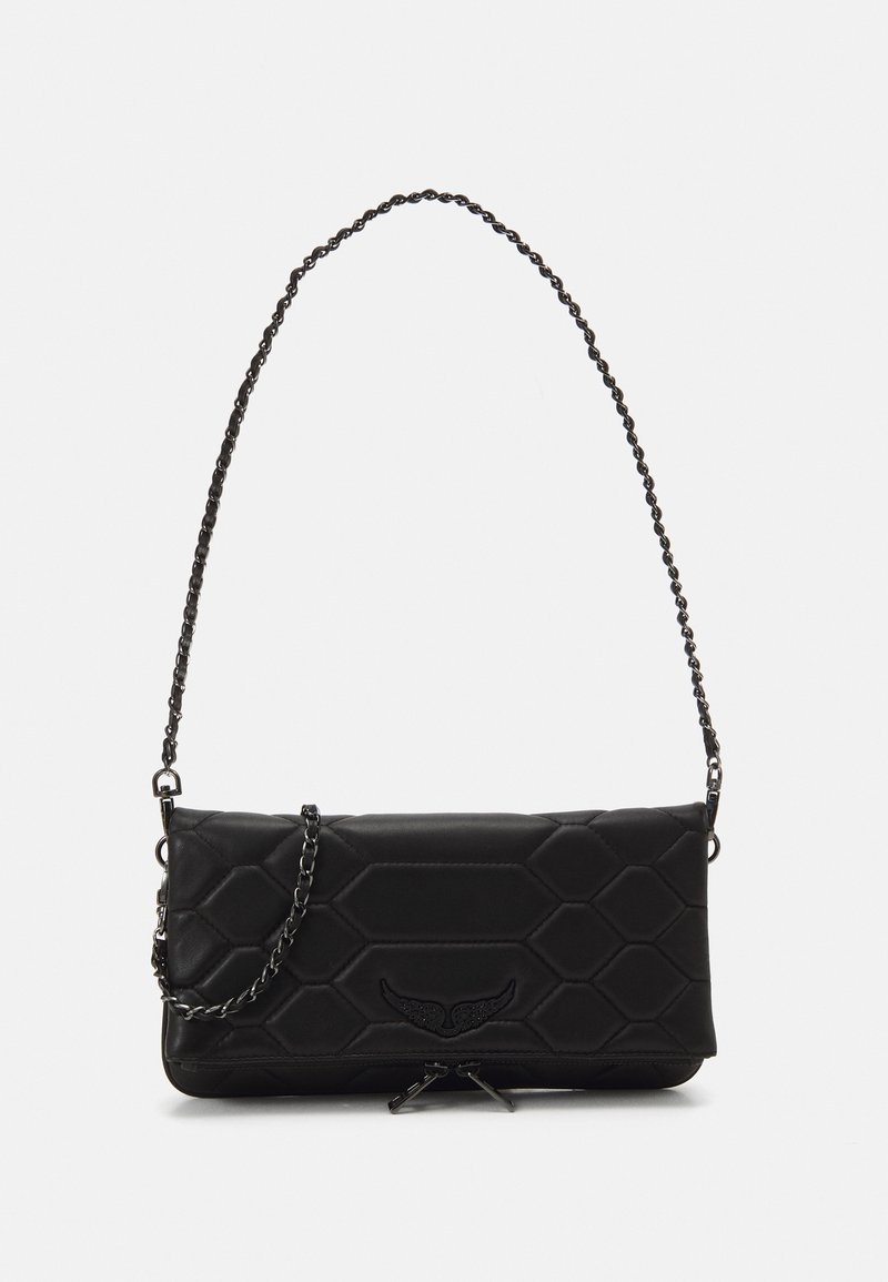 Black quilted faux leather bag with a chain strap, featuring a hexagonal pattern and a decorative wing detail on the front.