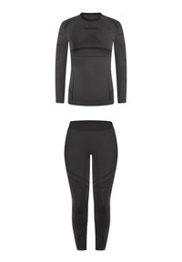 Schwarzes Sportset bestehend aus einem langärmligen Oberteil und eng anliegenden Leggings. Mit strukturierten Mustern und dezentem Branding am Oberteil.
