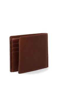Bruine leren portemonnee met een gestructureerde afwerking, bi-fold ontwerp, meerdere kaartsleuven en zichtbare stikdetails langs de randen.