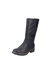 Black leather knee-high boot with ribbed accents at the top, side stitching details, rounded toe, and a rugged rubber sole.