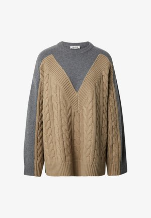 Cable-knit sweater featuring a V-neck design in beige and gray. The body is textured with a cable pattern, contrasting with smooth gray sleeves.