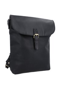 Black leather backpack with a flap closure, featuring a buckle detail and a textured finish. Adjustable straps and gold-tone hardware accents.