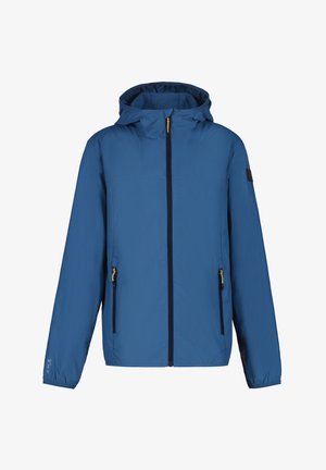 Leichte blaue Jacke mit versteckter Kapuze, durchgehendem Reißverschluss, zwei Seitentaschen und elastischen Bündchen. Mit einem schwarzen Logo-Aufnäher am Ärmel.