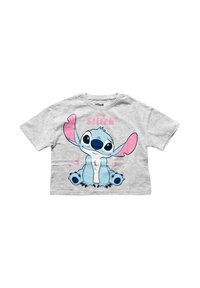 Lichtgrijs, cropped t-shirt met kleurrijke afbeelding van de lachende Stitch van Disney en roze harten.
