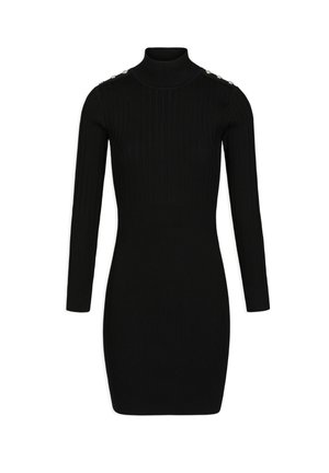 Czarna prążkowana dzianinowa sukienka z długim rękawem, wysokim kołnierzem i ozdobnymi srebrnymi guzikami na ramionach, dopasowany fason, długość do kolan.