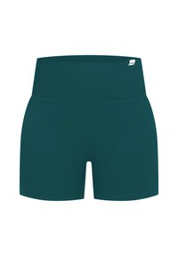 Teal sport shorts van rekbaar materiaal met een brede geribbelde tailleband; voorzien van een klein merklabel op de tailleband.