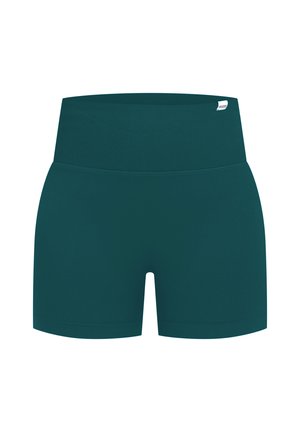 Teal sport shorts van rekbaar materiaal met een brede geribbelde tailleband; voorzien van een klein merklabel op de tailleband.