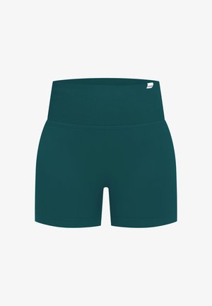 Pantalones cortos deportivos en color azul verdoso, hechos de una tela elástica con una cintura ancha con relieve; cuenta con una pequeña etiqueta de marca en la cintura.