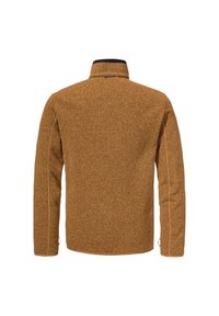 Braune, strukturierte Fleecejacke mit Stehkragen, langen Ärmeln und kontrastierenden Nähten. Hat ein Etikett mit Nähdetails am Kragen.