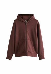 Bordeauxfarbene Zip-Hoodie mit großer Kapuze, zwei Fronttaschen, gerippten Bündchen und Saum. Hergestellt aus einem weichen, strukturierten Material.