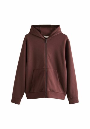 Burgunderfärgad zip-up hoodie med en stor huva, två framfickor, ribbade muddar och nederkant. Tillverkad av ett mjukt, texturerat material.