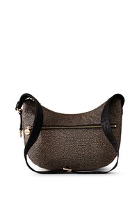Borsa a tracolla a macchie nera e beige con forma curva, dettaglio della cerniera dorata e tessuto testurizzato. Presenta una tracolla ampia con accenti del logo.