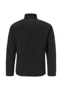 Schwarze Fleecejacke mit hohem Kragen, langen Ärmeln, strukturiertem Stoff und geradem Schnitt. Keine sichtbaren Beschläge oder Verzierungen.