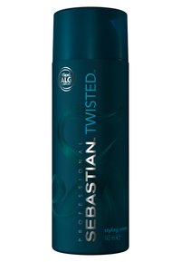 Cylindryczny pojemnik w ciemnym odcieniu teal z czarną nakrętką. Posiada zielone fale i białe napisy "Sebastian Twisted Styling Cream, 145 ml."