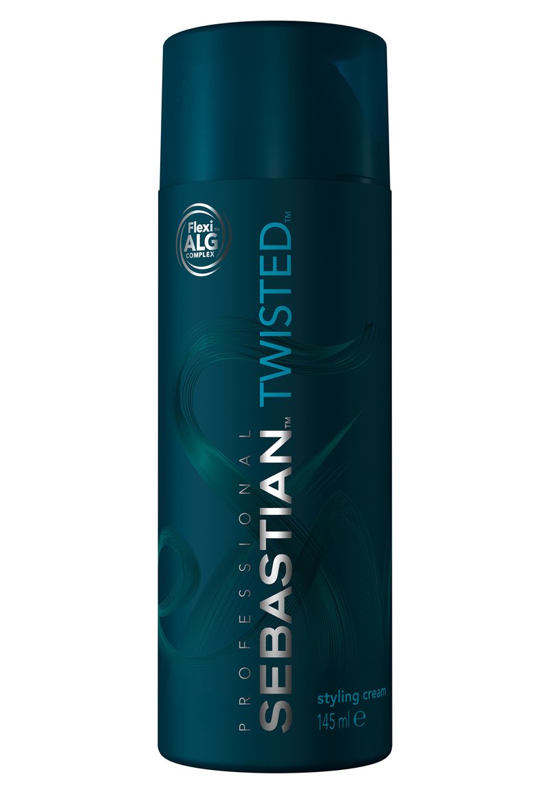 Cylindryczny pojemnik w ciemnym odcieniu teal z czarną nakrętką. Posiada zielone fale i białe napisy "Sebastian Twisted Styling Cream, 145 ml."