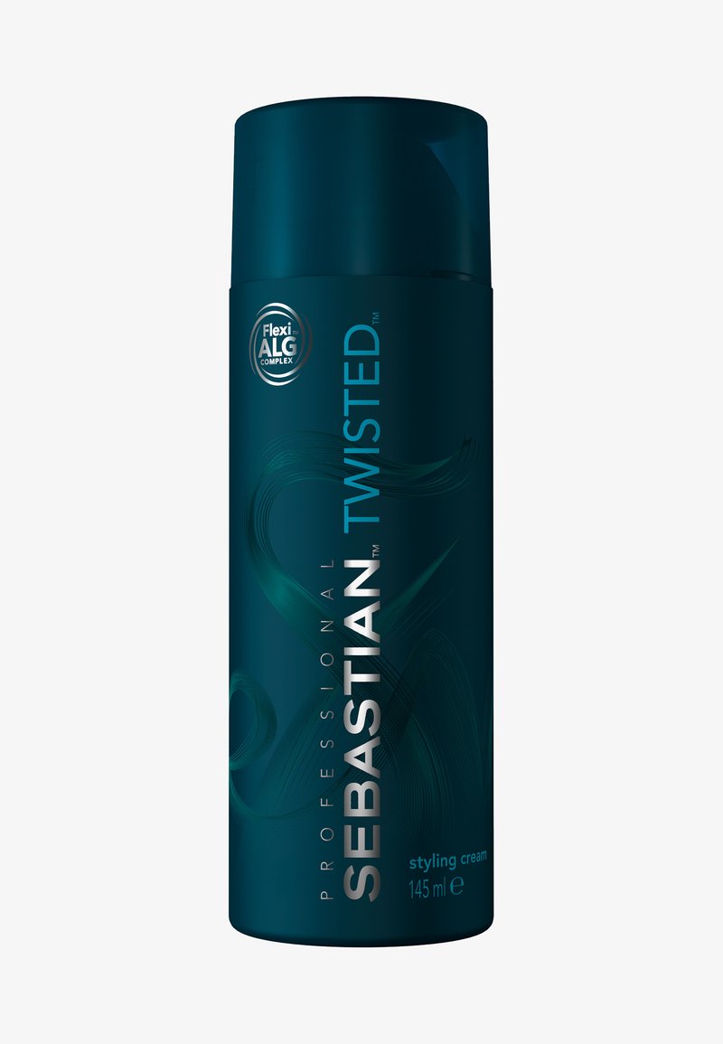 Cylindryczny pojemnik w ciemnym odcieniu teal z czarną nakrętką. Posiada zielone fale i białe napisy "Sebastian Twisted Styling Cream, 145 ml."