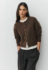 Brūna vilnas jaka ar apaļu kakla izgriezumu un zeltītām pogām, uzvilkta pār baltu topu. Modelis valkā pielāgotus tumšus bikses.