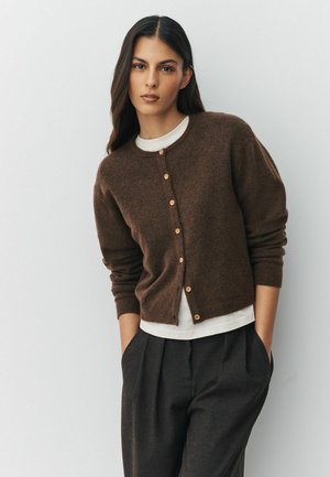 Hnědý vlněný kardigan s kulatým výstřihem a zlatými knoflíky, vrstvený přes bílý top. Modelka má na sobě upravené tmavé kalhoty.