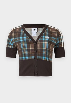 Brown plaid cropped cardigan with short sleeves, featuring blue and beige accents, V-neck, and button closure at the front. White logo detail.