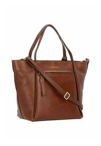 Borsa a mano in pelle marrone con doppie maniglie e tracolla rimovibile. Presenta una chiusura con zip e una tasca frontale con zip con accenti dorati.