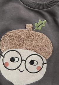 Harmaa kangas, jossa on brodeerattu hahmo, jolla on ruskea teksturoitu tammenterhohattu, vihreä lehti, pyöreät lasit ja punastuvat posket.