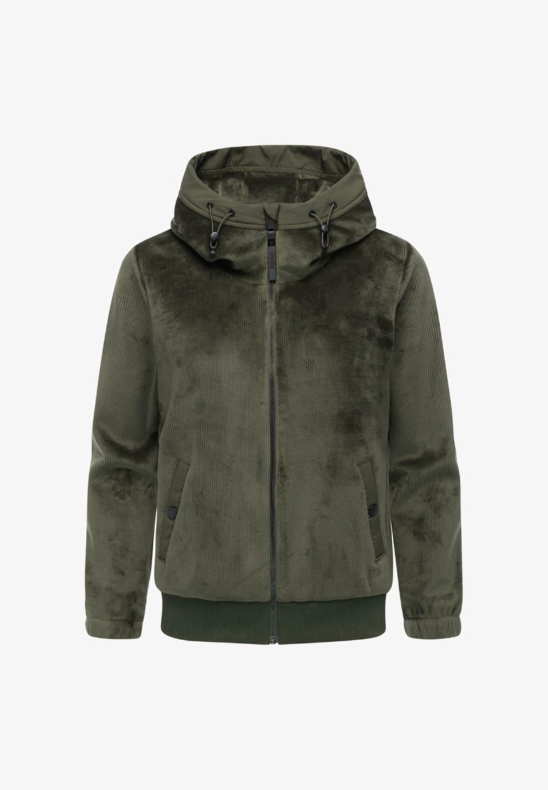 Olivgrön bomullsvinyljacka med dragkedja, justerbar huva och ribbade ärmslut. Slät textur med sidofickor och minimal detaljer.