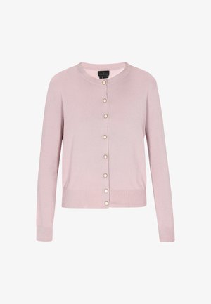 Hellrosa Strickjacke aus weichem Strickmaterial, mit langen Ärmeln, einem rundem Ausschnitt und sechs vorderen Knöpfen mit glatter Oberfläche.