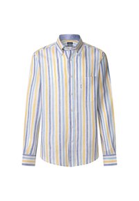 Camisa de botones a rayas fabricada en tejido ligero, con rayas verticales en amarillo, azul y blanco, con un bolsillo en el pecho y puños abotonados.
